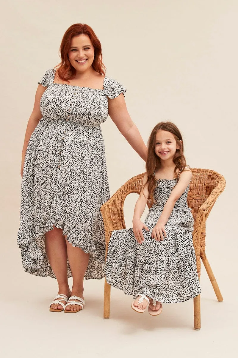 Sleek And Stylish Button Chic Animal Print Kids Midi Dress Singlet Tiered