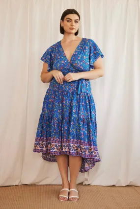 Blue Boho Midi Dress Short Sleeve Wrap Front Relaxed Comfort Look