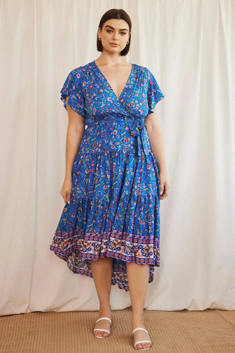 Blue Boho Midi Dress Short Sleeve Wrap Front Bold Design