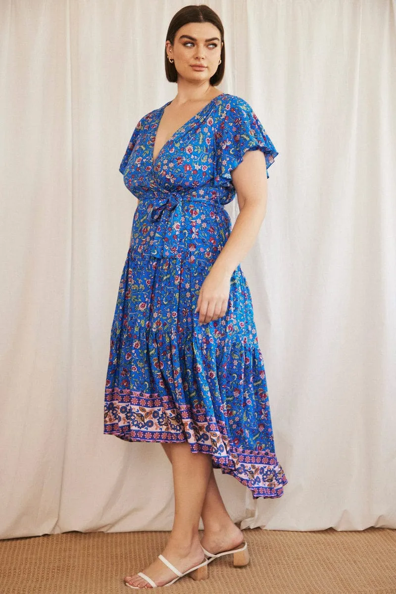 Understated Glam Style Blend Blue Boho Midi Dress Short Sleeve Wrap Front