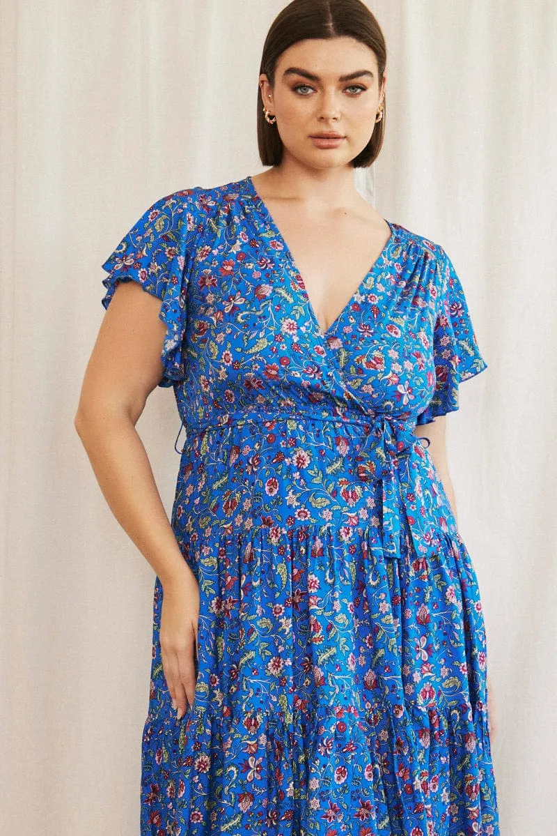 Classic Touch All-season garment Blue Boho Midi Dress Short Sleeve Wrap Front