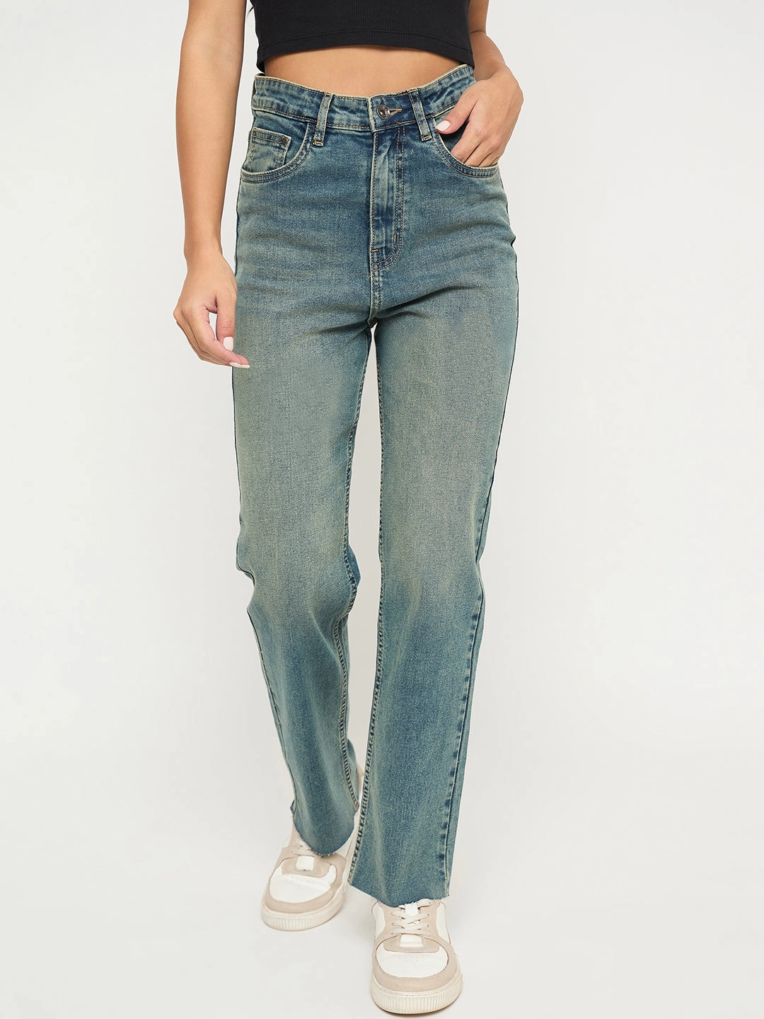 Madame Whiskered Tinted Green Cotton Blend Jeans Formal Classic Wear Loose Elegant Bold Look