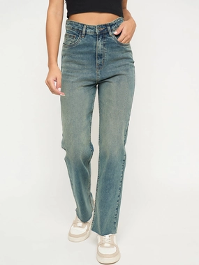 Madame Whiskered Tinted Green Cotton Blend Jeans Formal Classic Wear Loose Elegant Bold Look