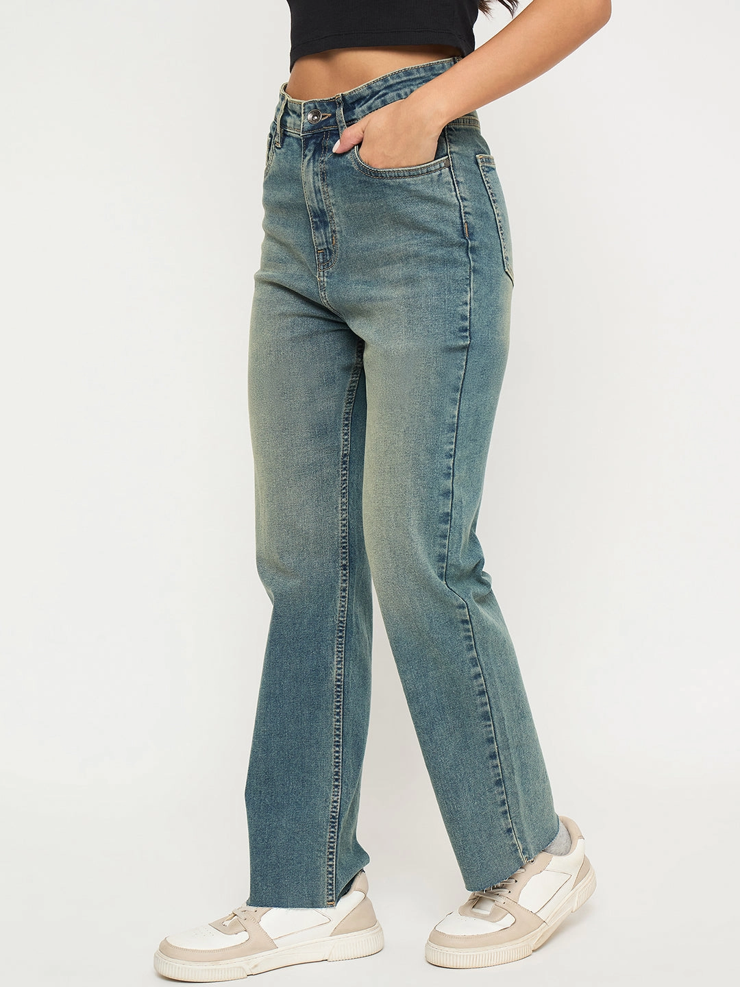 Soft Texture Madame Whiskered Tinted Green Cotton Blend Jeans