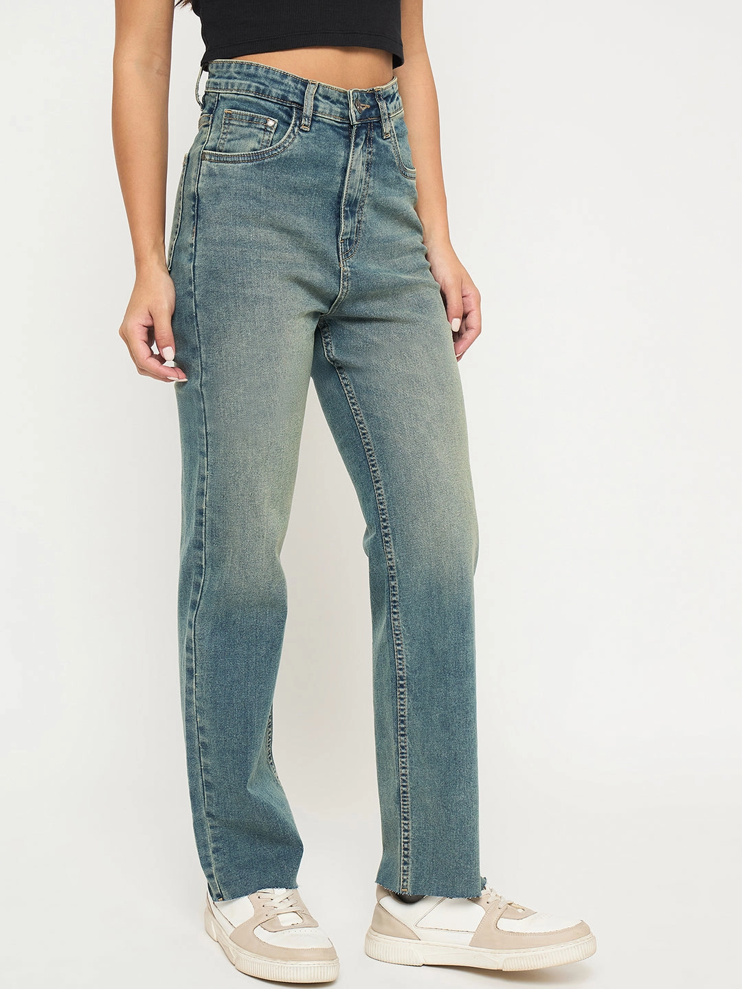 Madame Whiskered Tinted Green Cotton Blend Jeans Chic Fit Relaxed Look