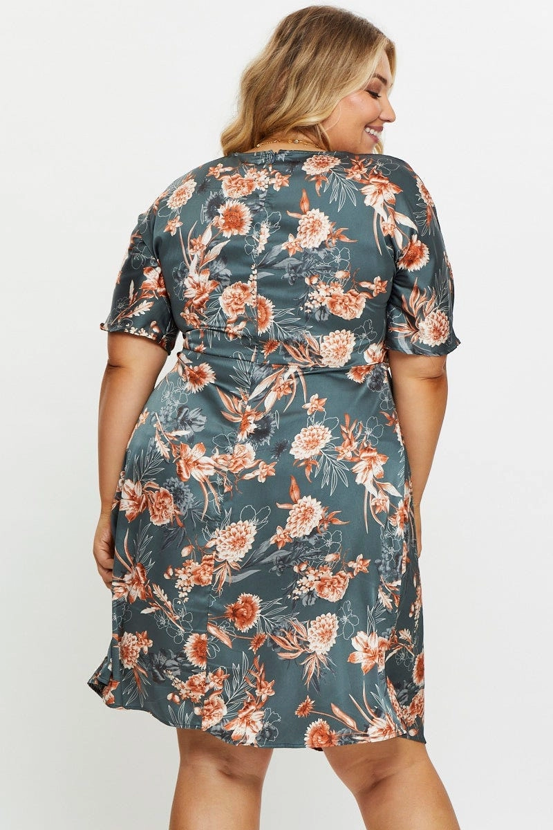 Floral Print Skater Dress V-neck Three-Quarter Sleeve Basic essential