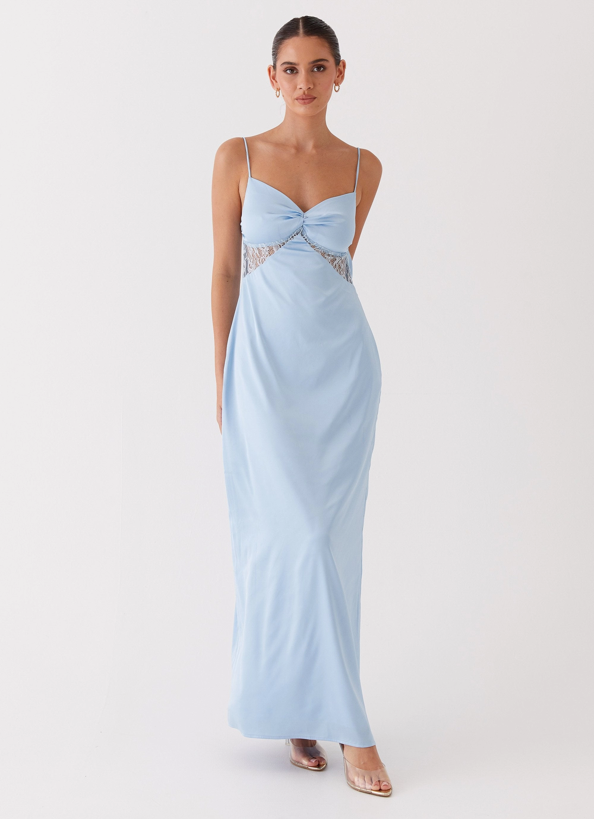 Dream Sight Lace Satin Maxi Dress - Ice Blue Tulle Flow Artistic Shape