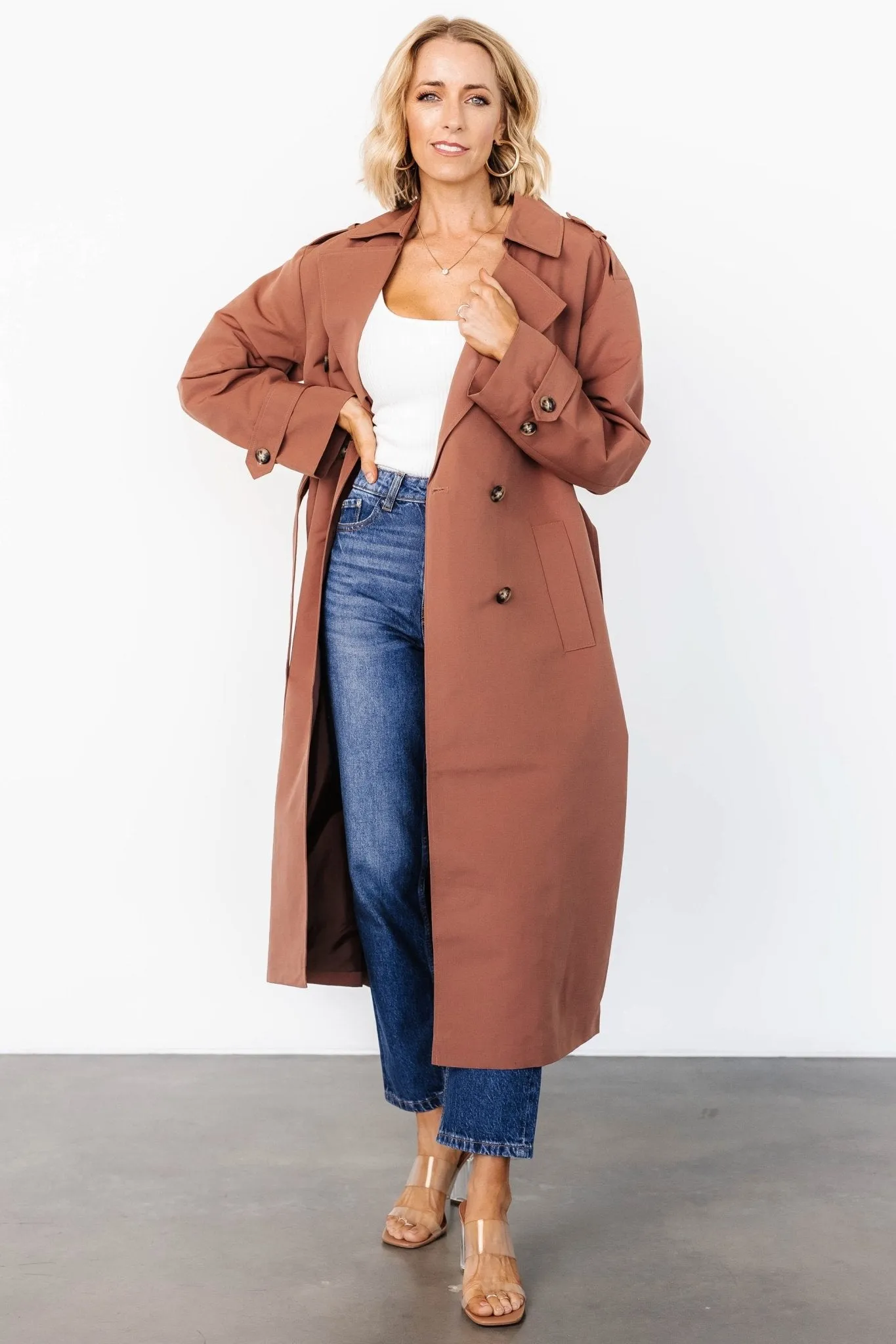 Elias Trench Coat | Warm Brown Double Stitched Seams MultiPocketLayout