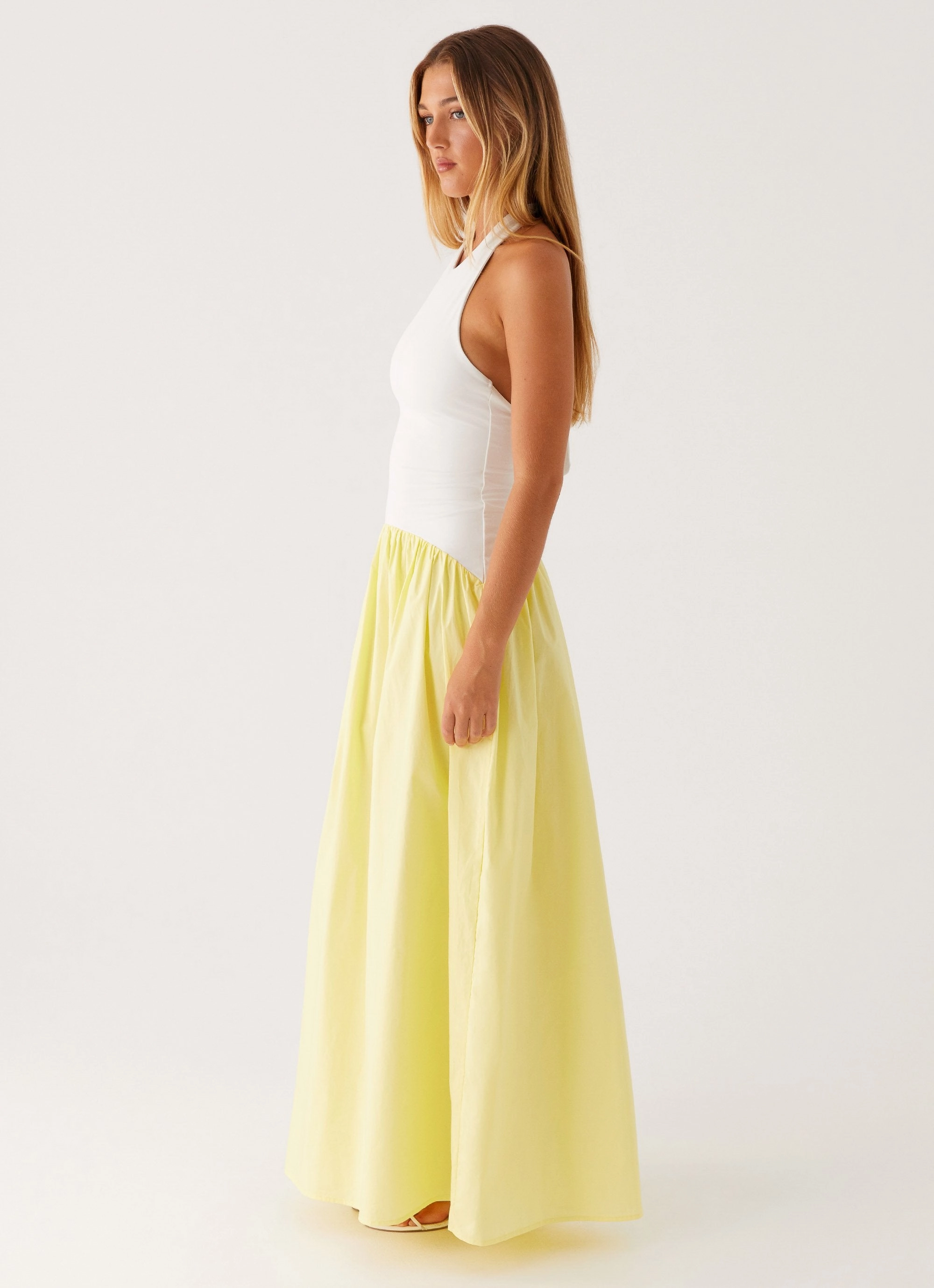 Elora Maxi Dress - Yellow Spliced Silky Drape Social Ease