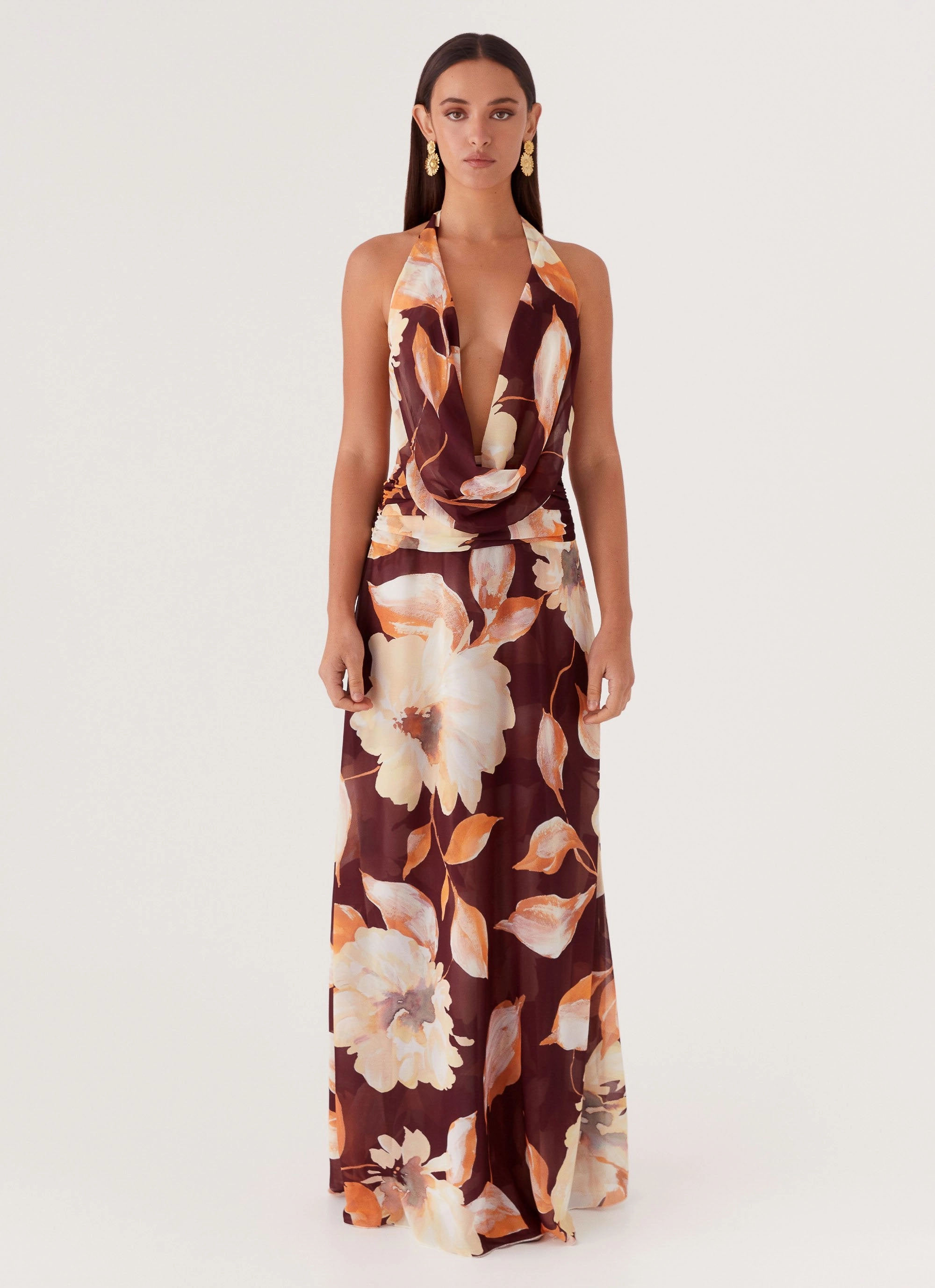 Elysia Chiffon Maxi Dress - Brown Floral Sleek Form Work Look