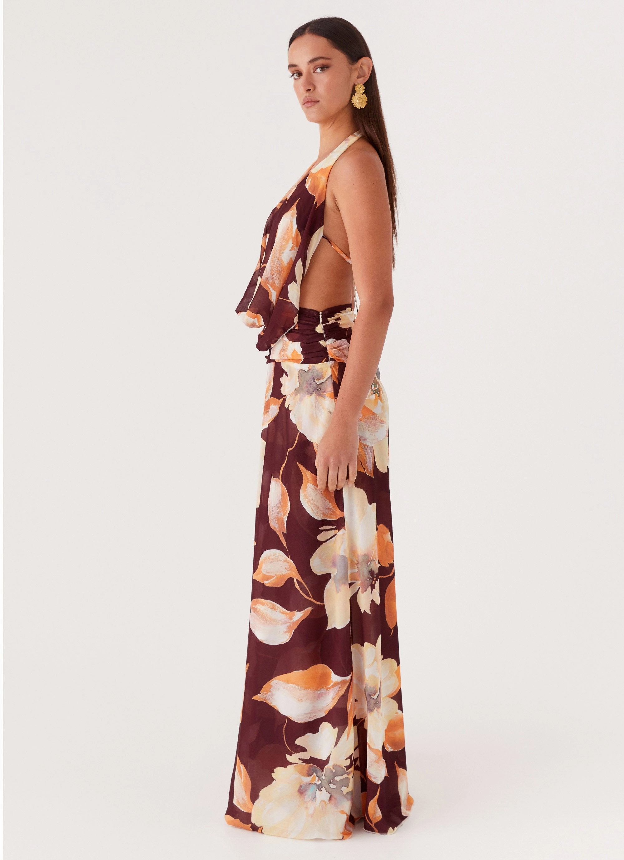 Elysia Chiffon Maxi Dress - Brown Floral Sleek Waist Design Fit Easy Tones