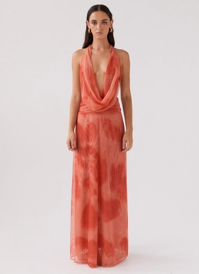 Elysia Chiffon Maxi Dress - Fiery Fusion Effortless Fit Art Event