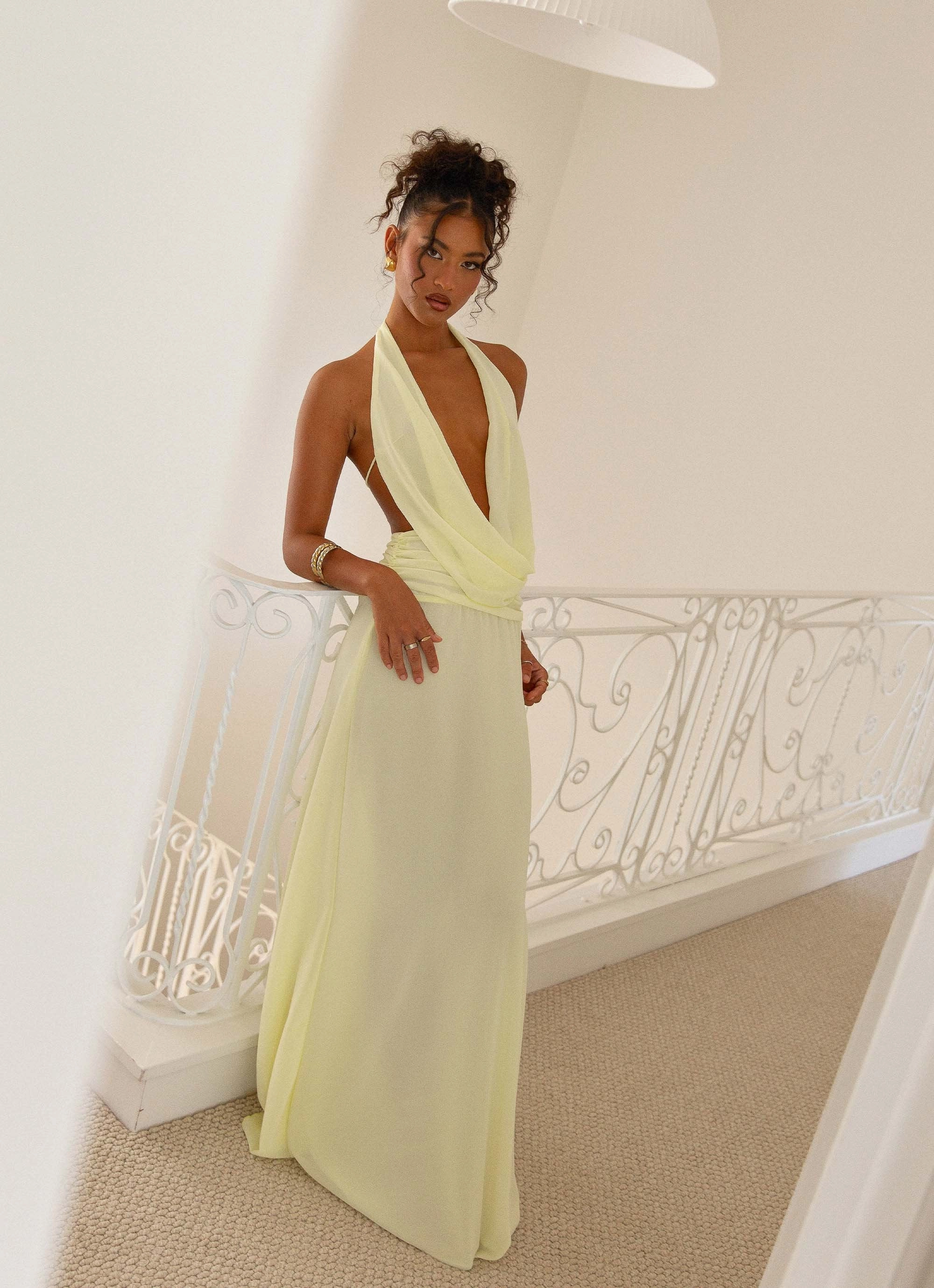 Elysia Chiffon Maxi Dress - Lemon Calm Grace Natural Light