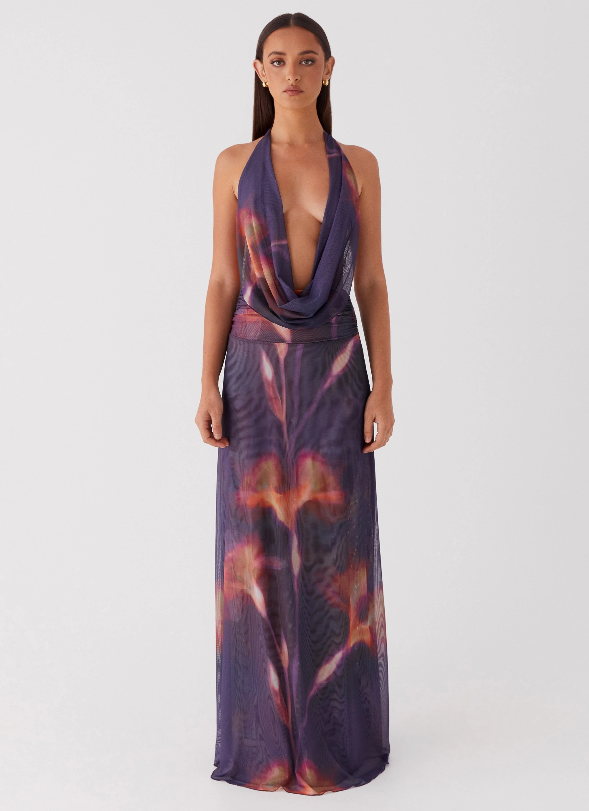 Retro Detail Earth-Tone Elysia Mesh Maxi Dress - Midnight Bloom