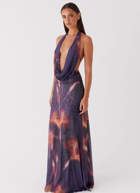 Statement Neck Smooth Blend Elysia Mesh Maxi Dress - Midnight Bloom