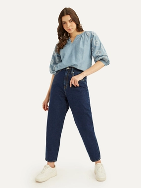 Women's Blue Loose Tapered Fit High Rise Jeans Streetwear Fan Evening Stroll Elegant Stretch Enhanced Mobility