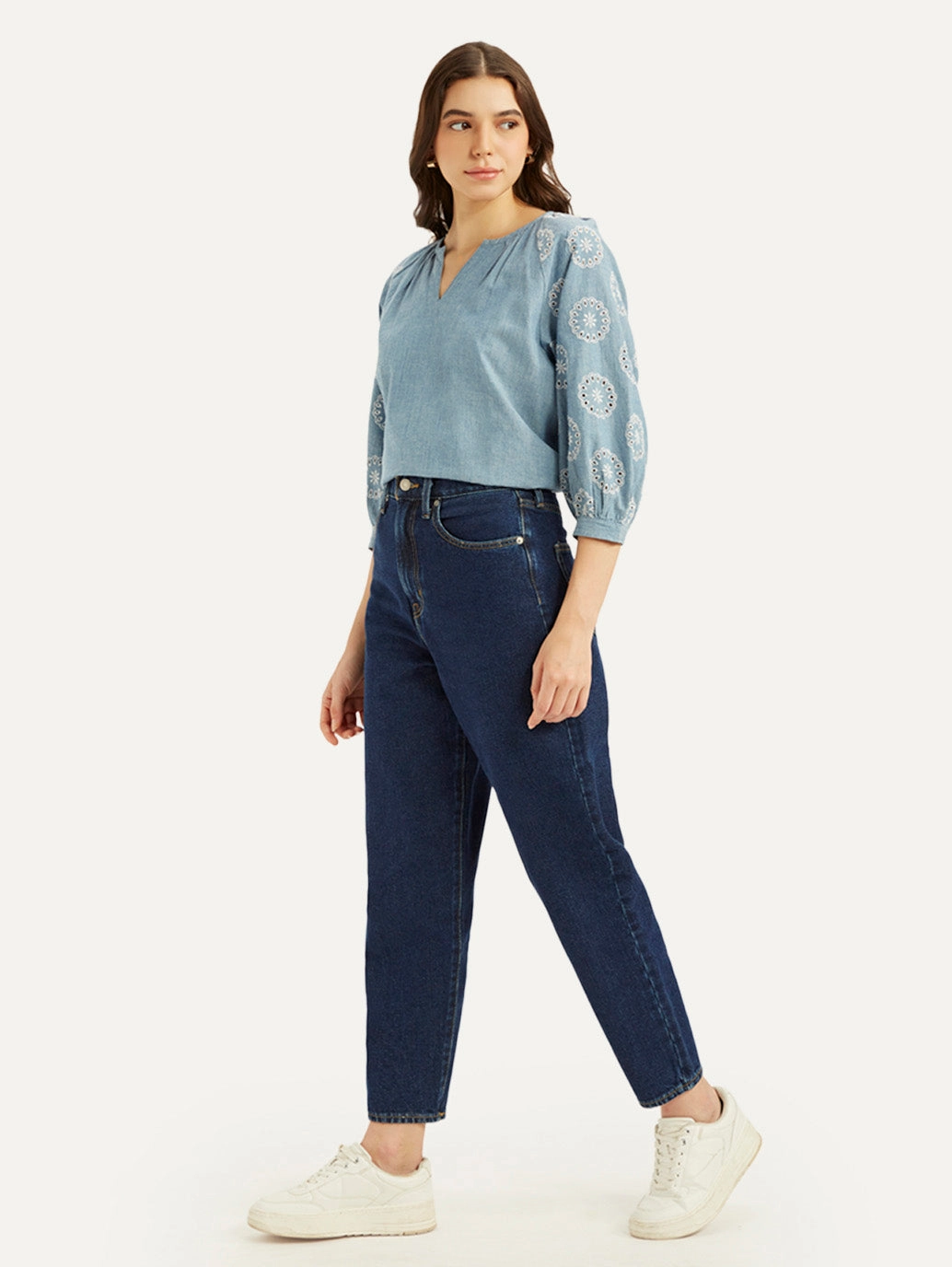 Sandblasted Details Effortless Comfort Women's Blue Loose Tapered Fit High Rise Jeans