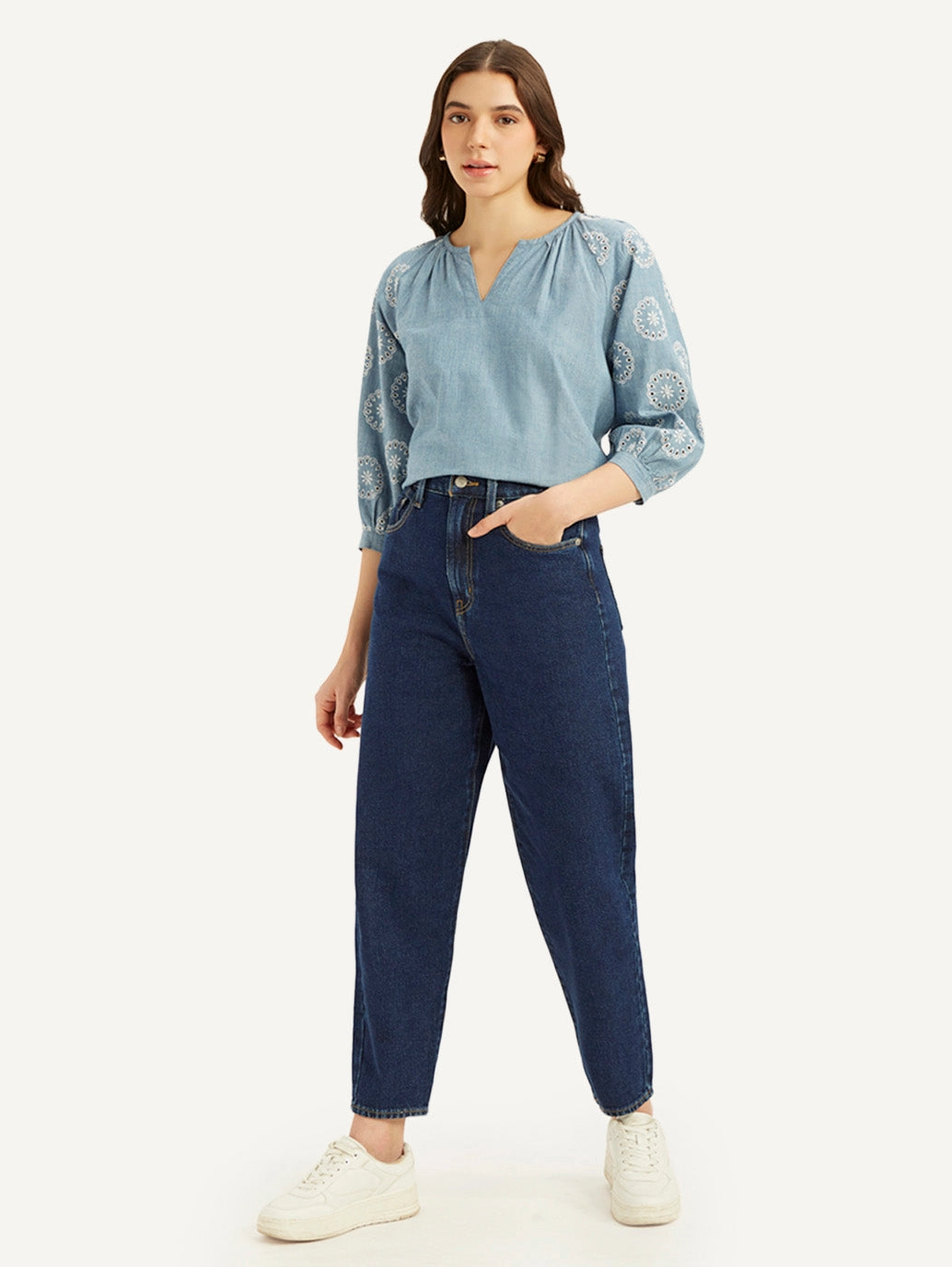 Women's Blue Loose Tapered Fit High Rise Jeans Seasonless wear Cool Texture