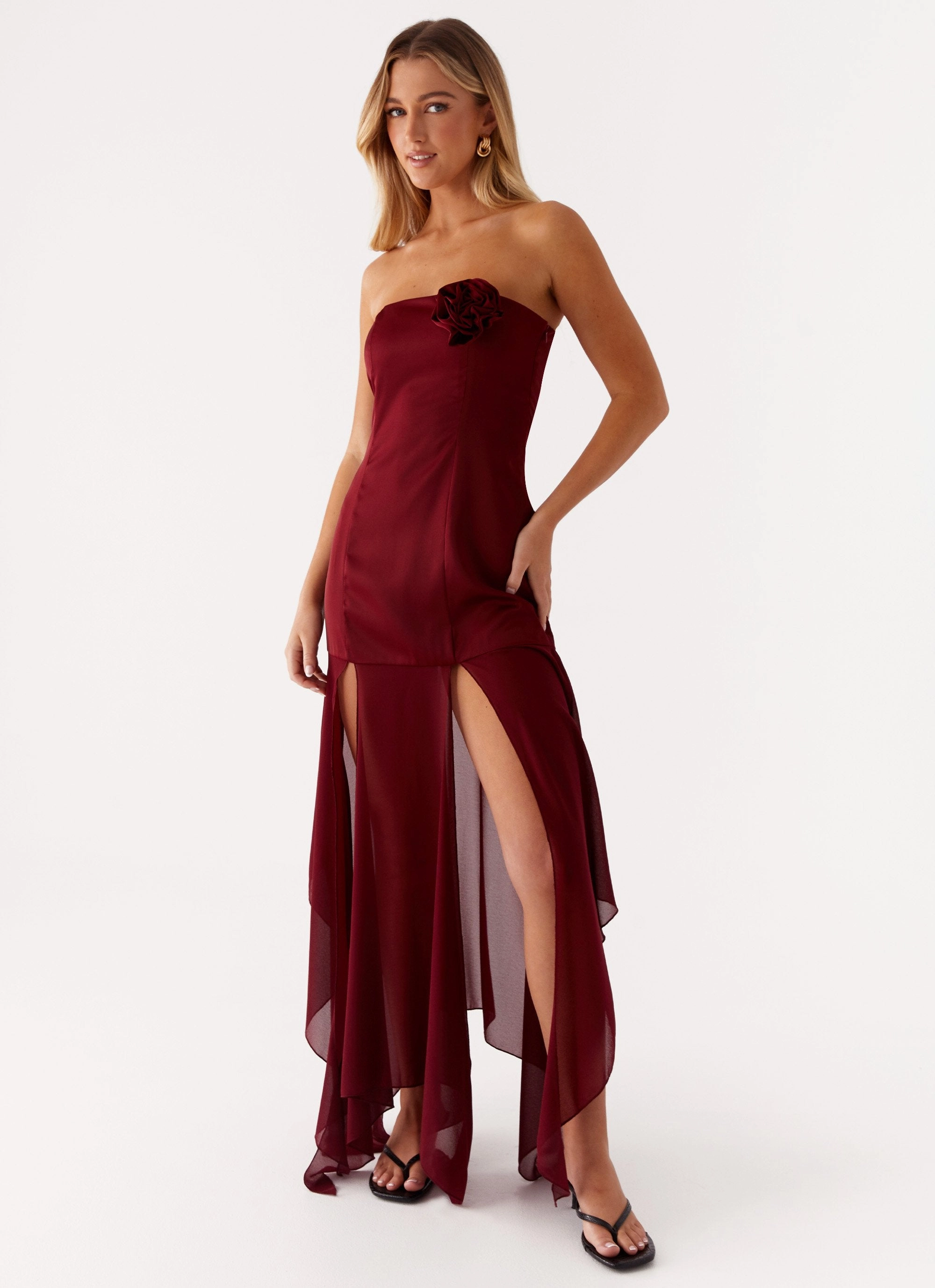 Collision Satin Maxi Dress - Cherry Red Light Fabrication Polished Wear