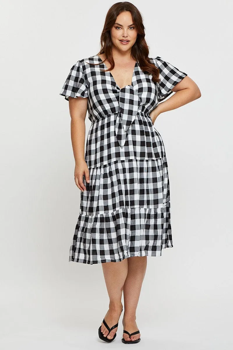 Flower Soft Check Midi Dress V-neck Short Sleeve