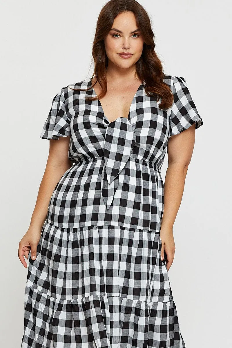 Sophisticated Waistband Fit Comfortable Touch Check Midi Dress V-neck Short Sleeve