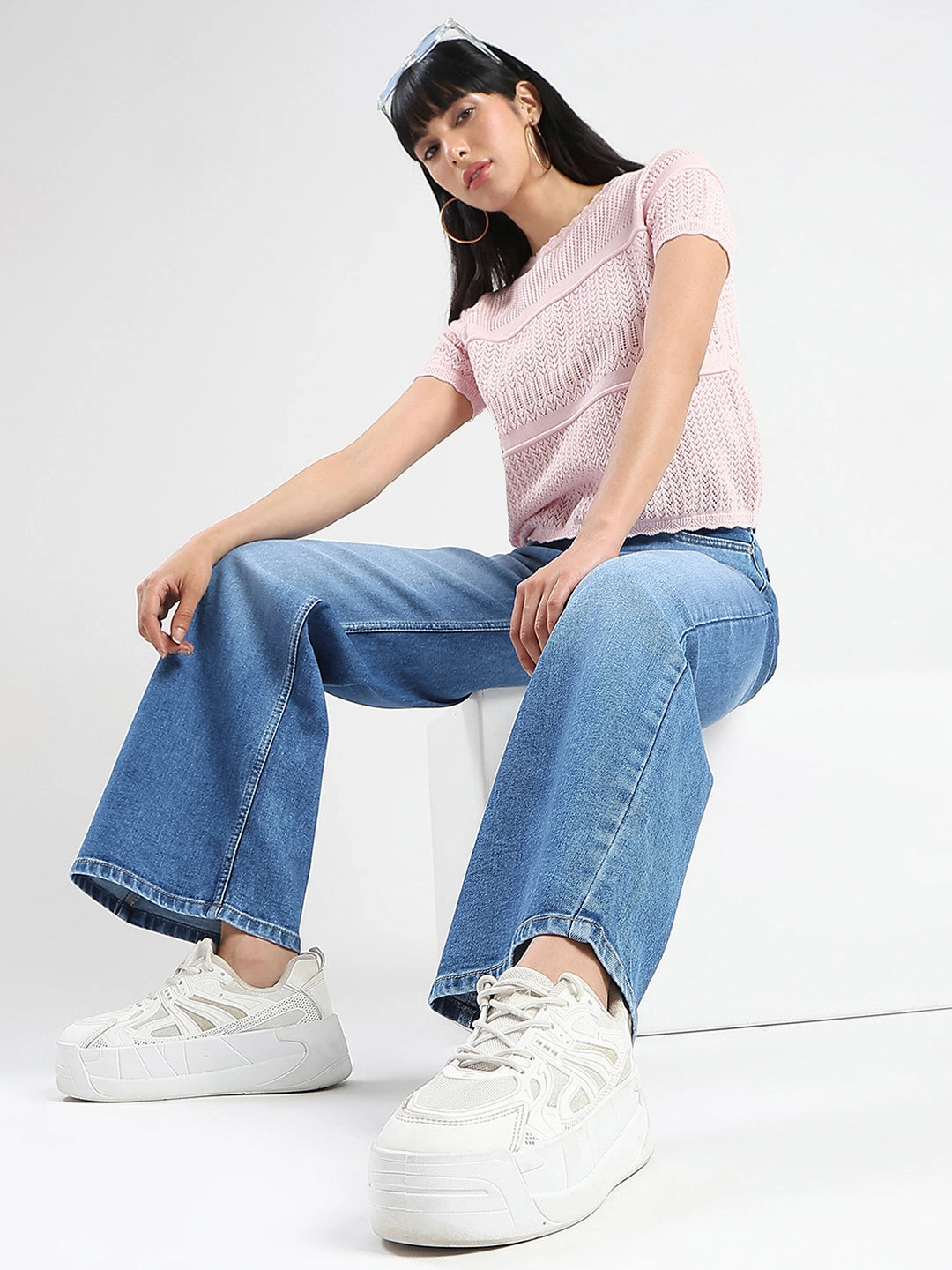 Madame Stone Wash Wide Leg Light Blue Cotton Blend Jeans Minimal Fashion