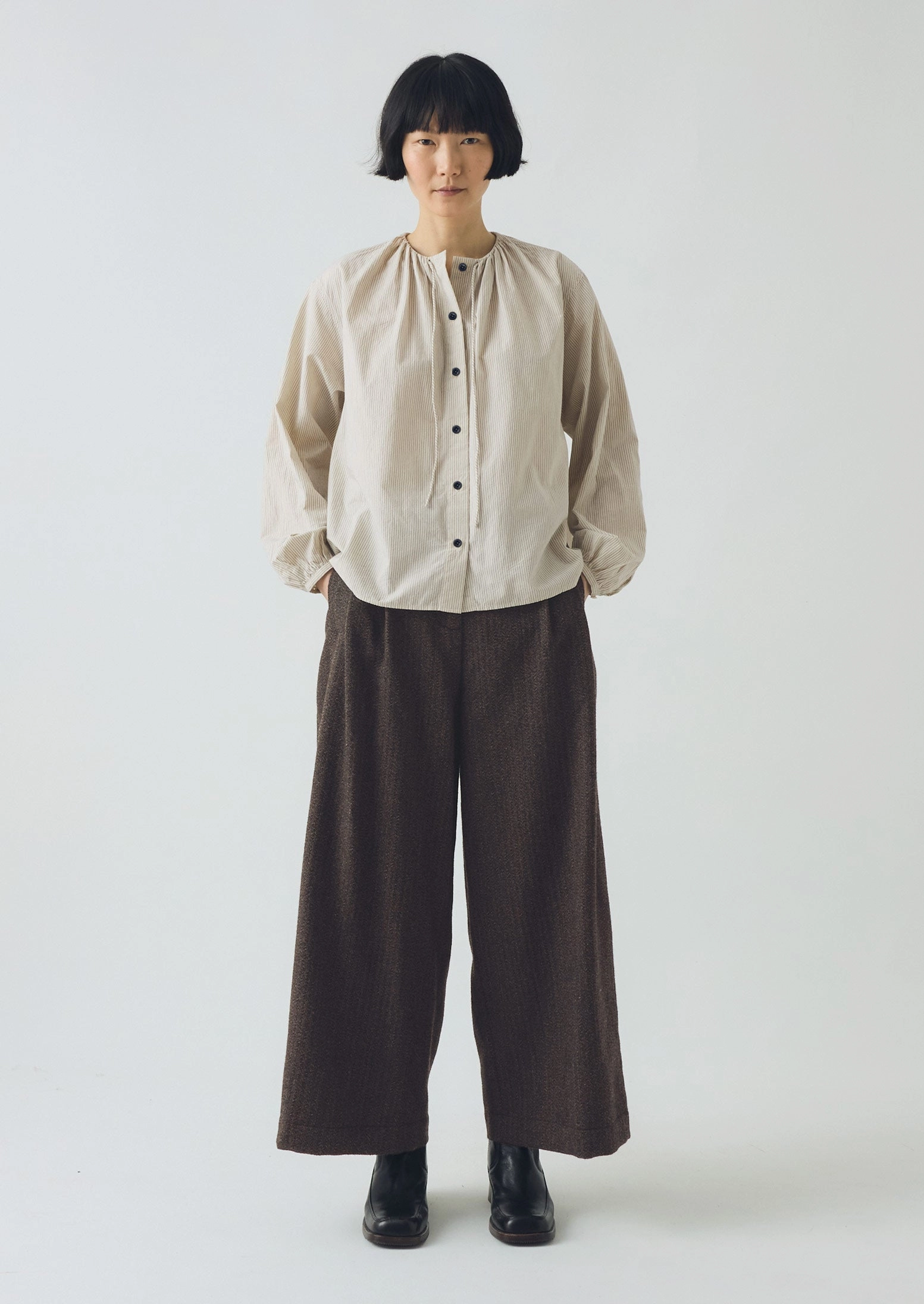 Relaxed Design hypoallergenic material Gathered Neck Mini Stripe Shirt | Sunwashed Blue