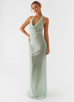 Above the Clouds Cowl Maxi Dress - Green High low hem