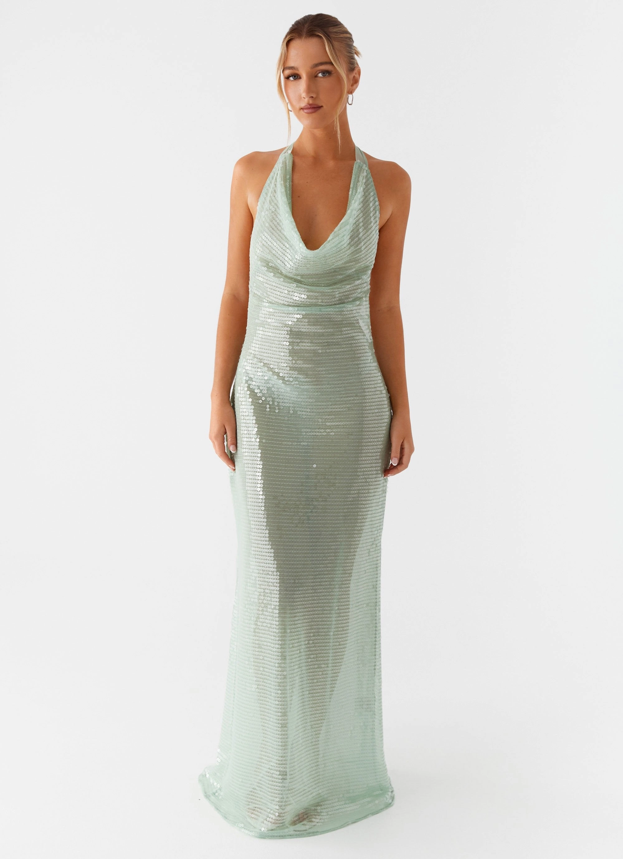 Smart Glide Bow Glow Above the Clouds Cowl Maxi Dress - Green