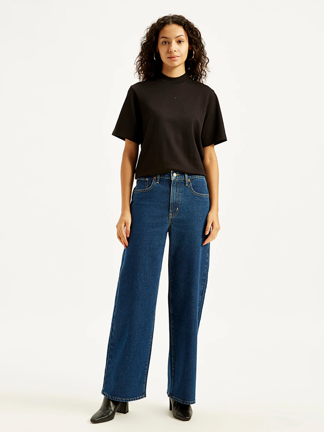 Relaxed Thigh Cut Nature Lover Outdoor Adventure Autumn Days Women's Navy Blue Wide Leg Fit High Rise Jeans