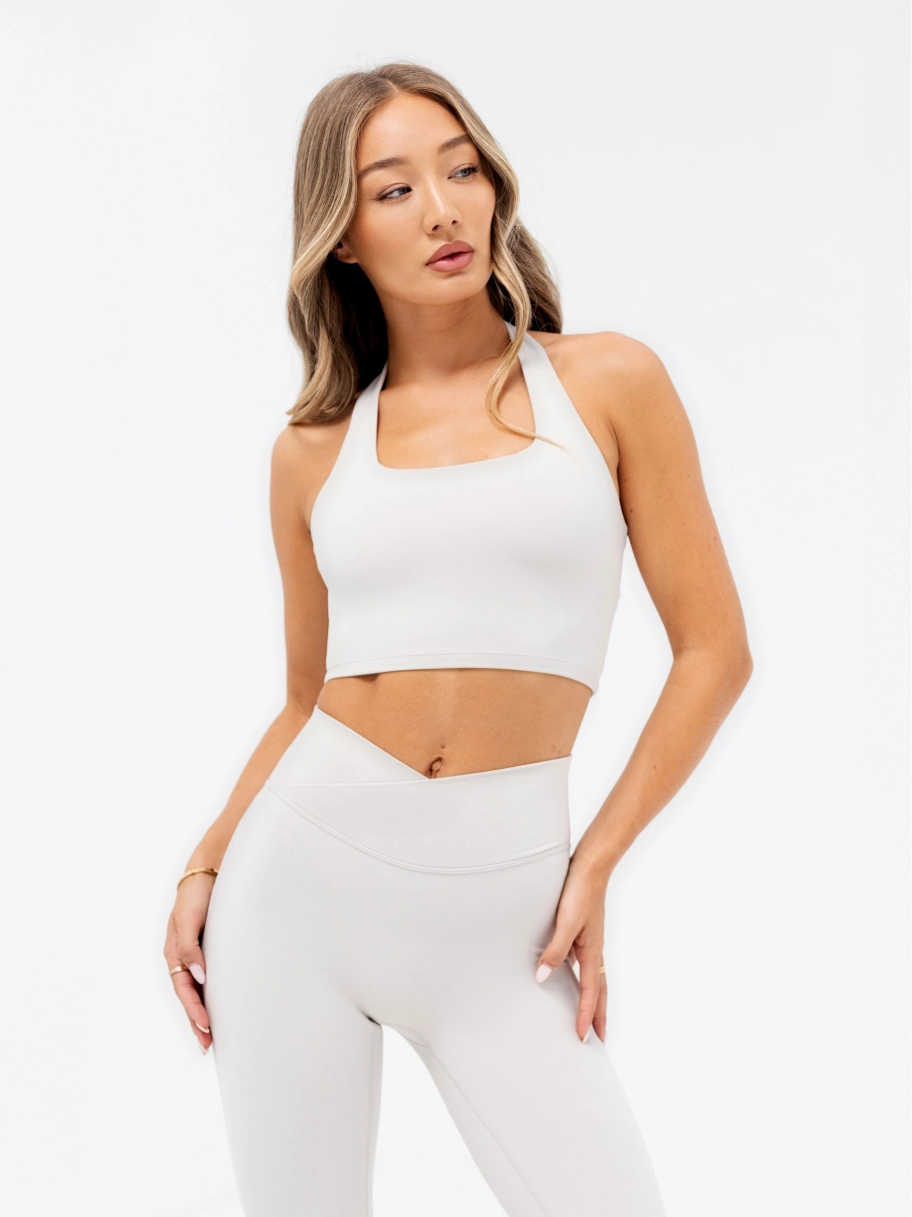 Pilates studio clients Compression fit seams Ultimate Halter Neck Bra - Ivory