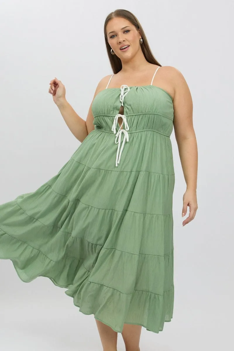 Green Midi Dress Sleeveless Contrast Ribbon Elegant Fit Simple Flow