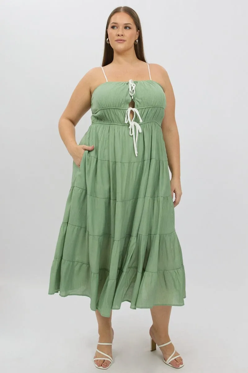 Green Midi Dress Sleeveless Contrast Ribbon Sleek Cut Feminine Charm