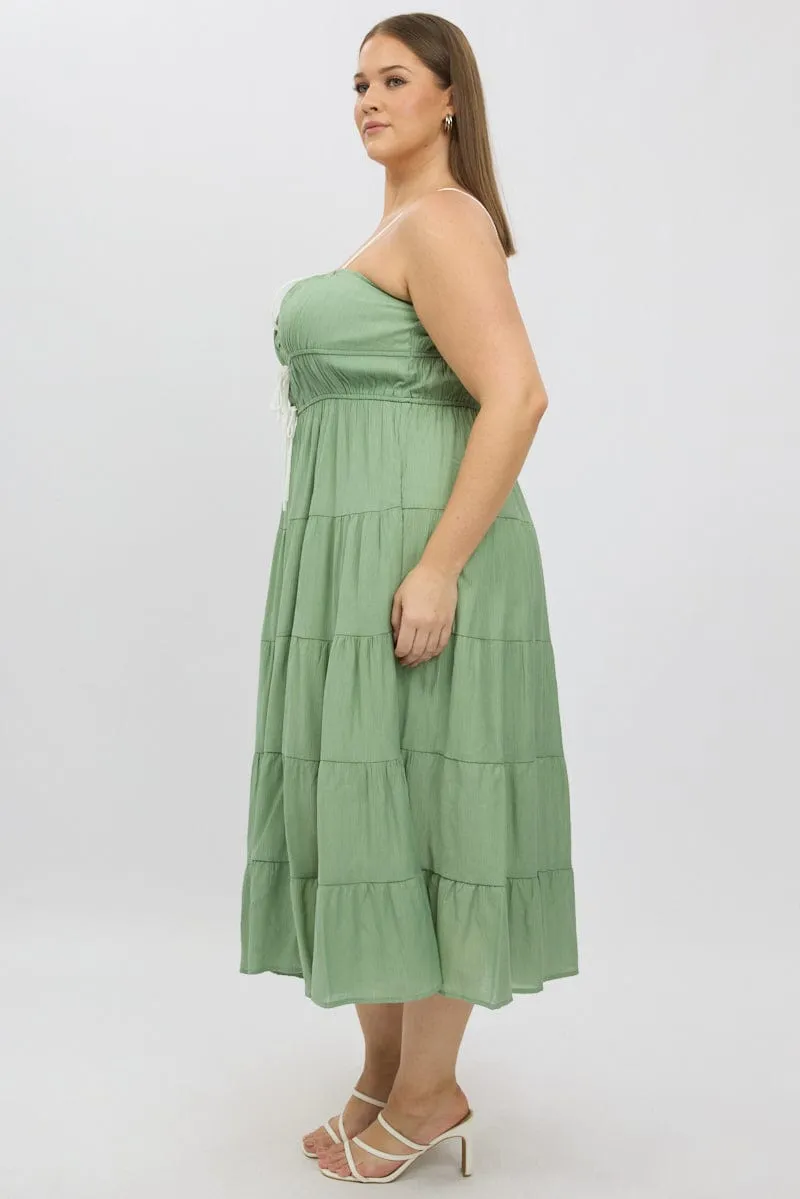 Green Midi Dress Sleeveless Contrast Ribbon Layered Volume