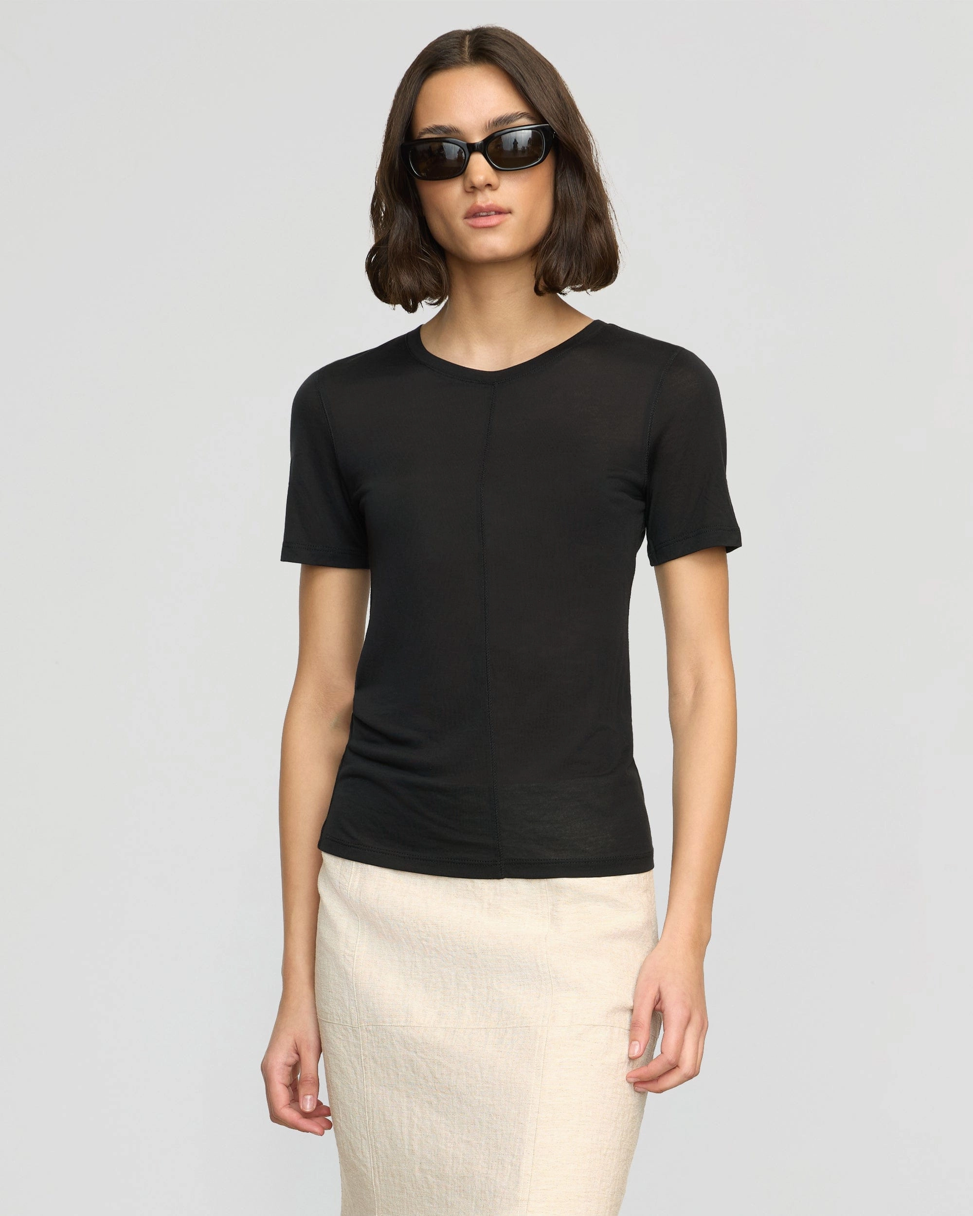Ribbed Neckline Thea Semi-Sheer Tencel Crew-Neck Tee