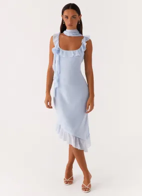 Fariday Midi Dress - Blue Button-Cuff Subtle Drape