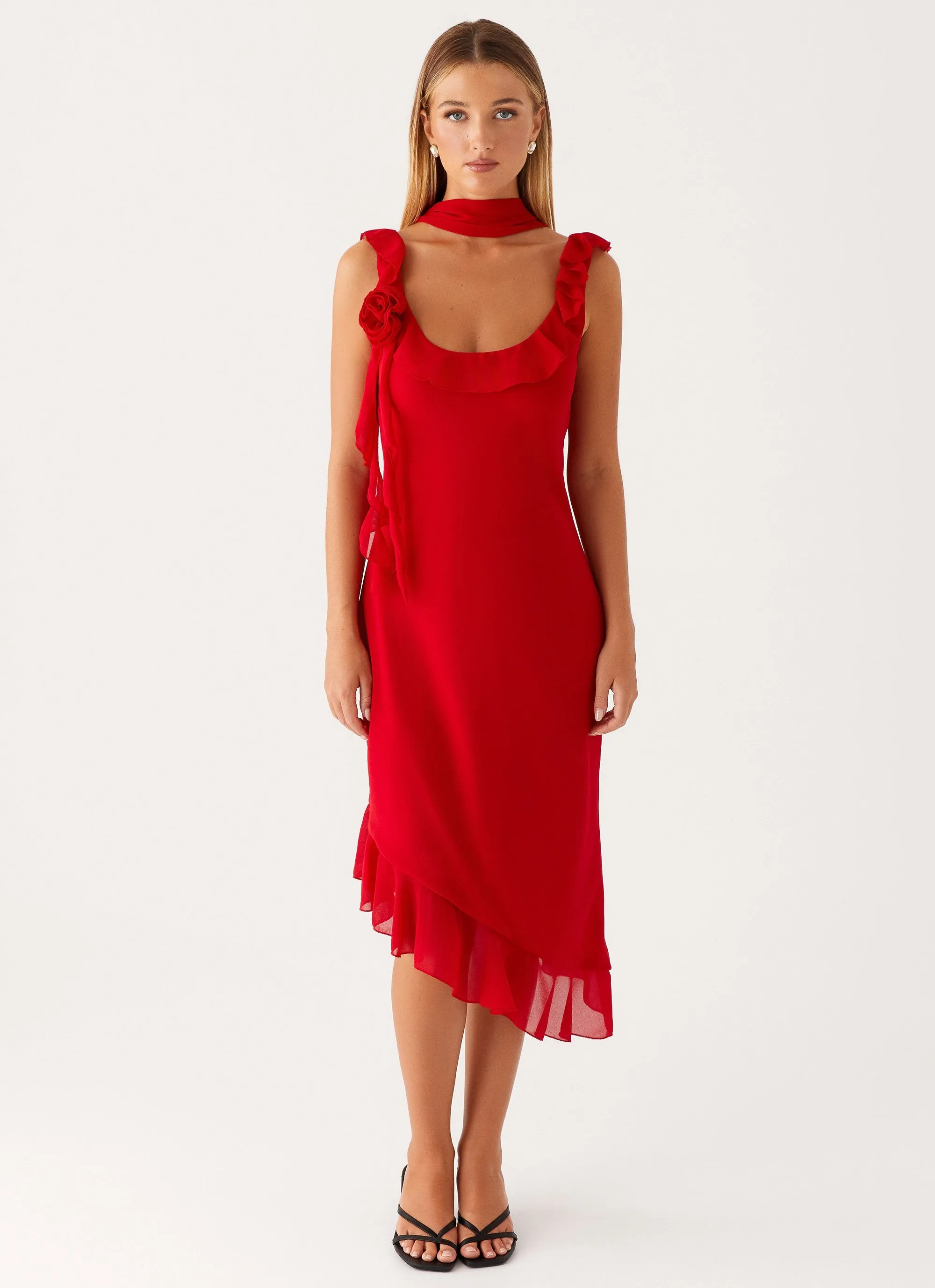 Polished Details Flower Soft Fariday Midi Dress - Red