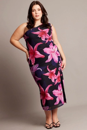 Thermal-Lined Blue Floral One Shoulder Maxi Dress