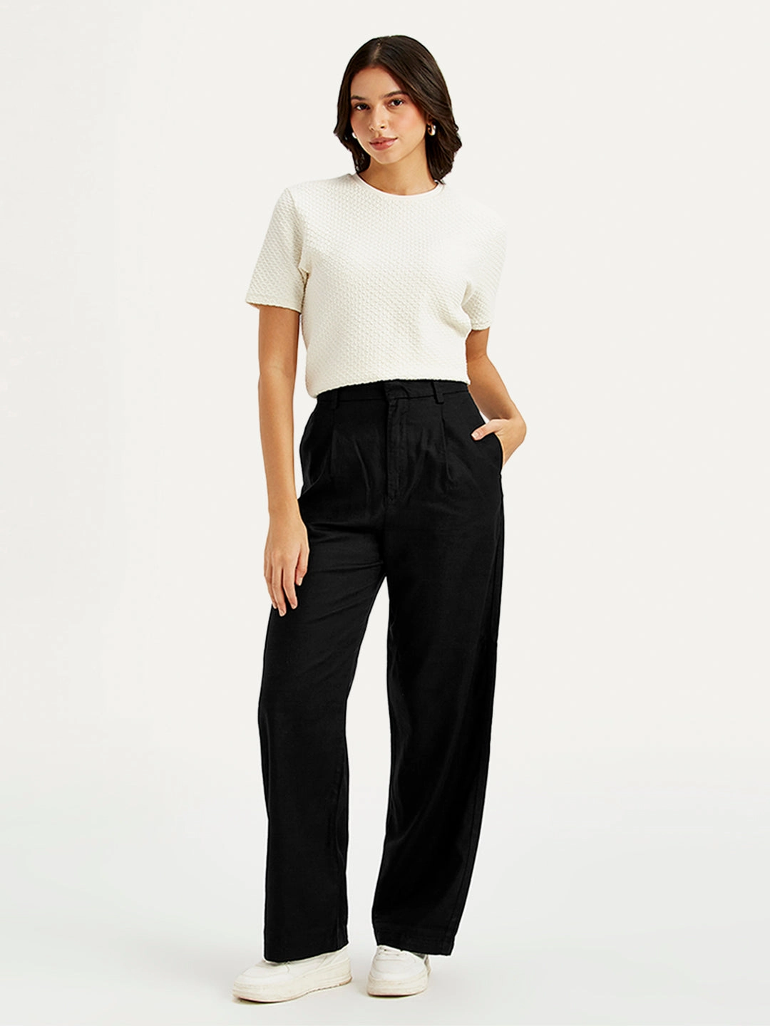 Women's High Rise Black Loose Fit Trousers Polyester fabric
