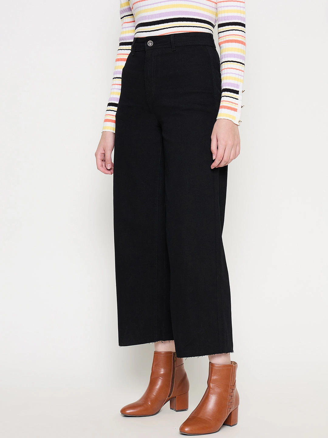 Madame Black Wide Leg Cotton Blend Denim Flex Knit Waist Panel Street Mood