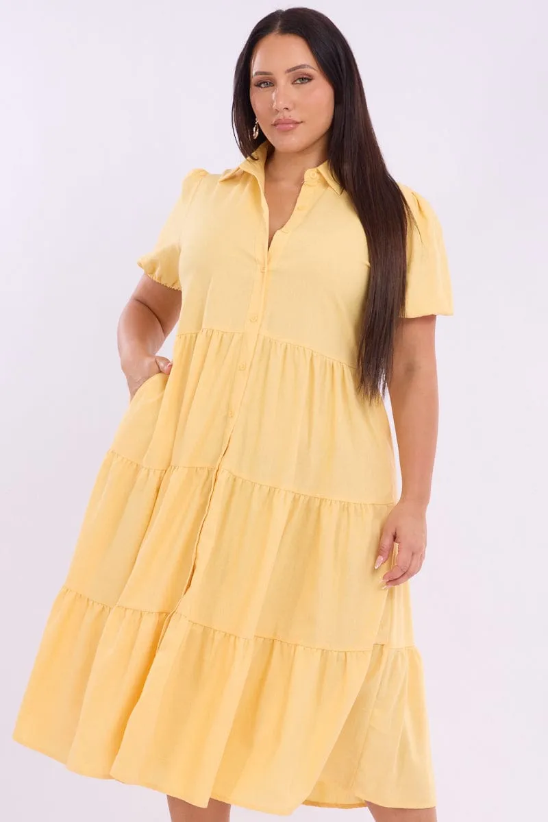 Cozy Style Yellow Midi Dress Short Sleeve Shirt