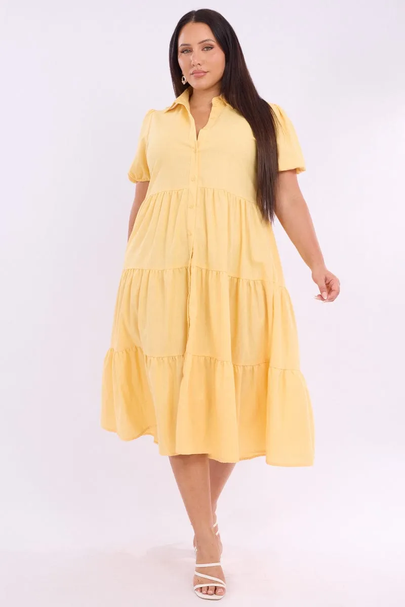 Yellow Midi Dress Short Sleeve Shirt Comfortable Design Wear