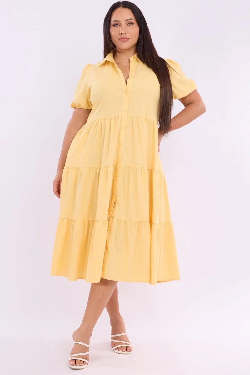 Yellow Midi Dress Short Sleeve Shirt Breeze Grace