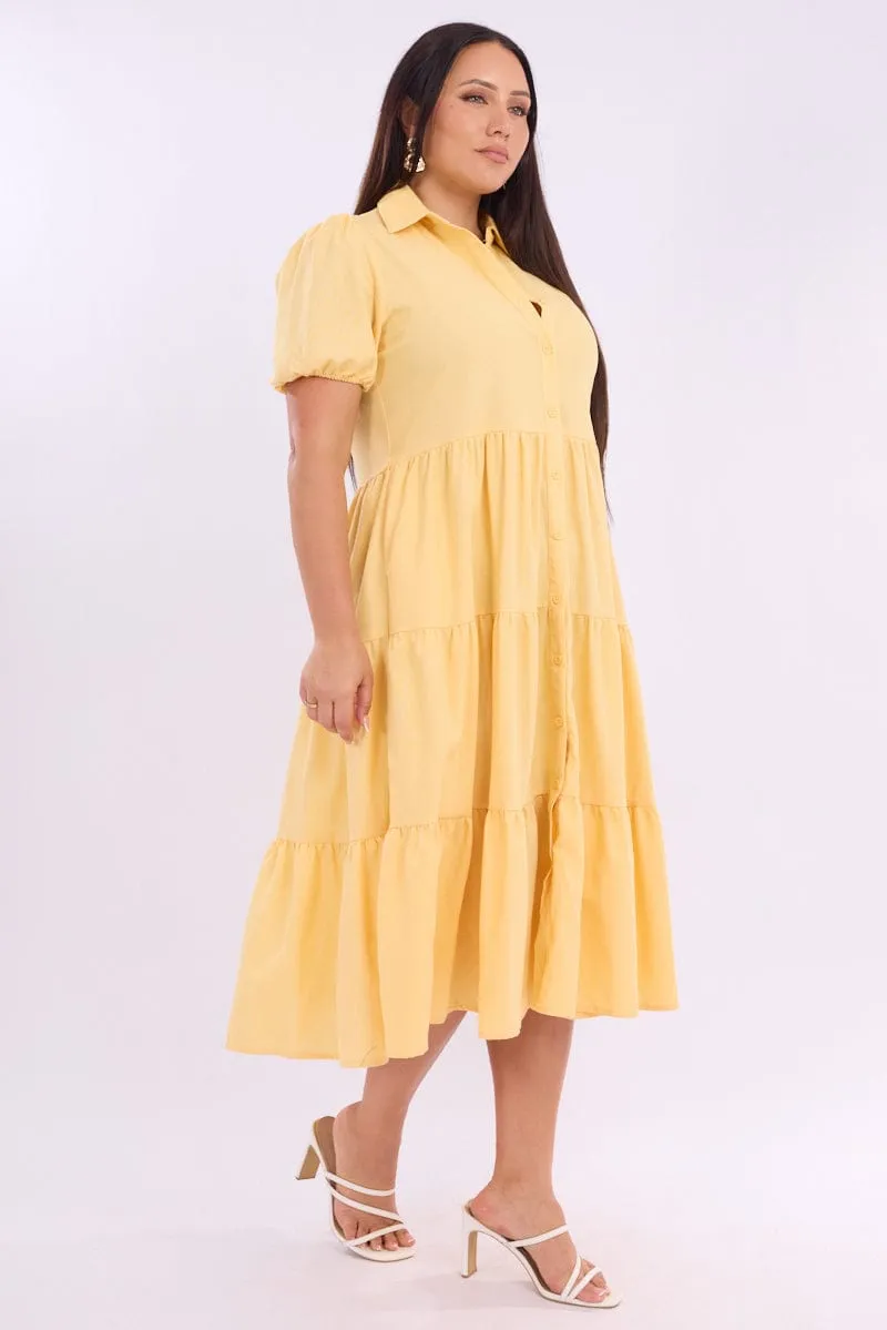 Comfort and Elegance Layered Volume Yellow Midi Dress Short Sleeve Shirt
