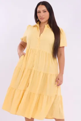 Cozy Style Yellow Midi Dress Short Sleeve Shirt