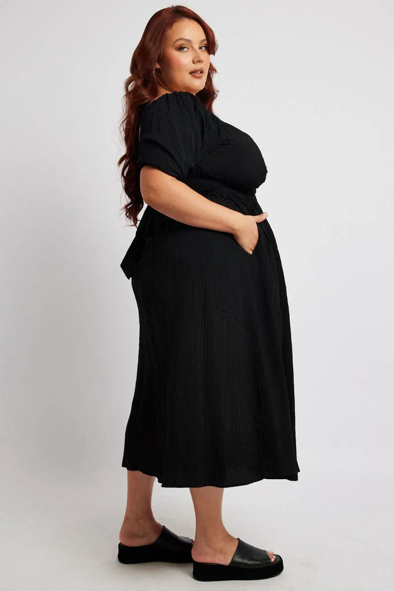 Fresh Motion Black Midi Dress Textured Wrapover Elastic Waist Detail