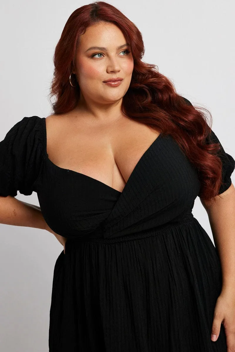 Black Midi Dress Textured Wrapover Elastic Waist Detail Must-have