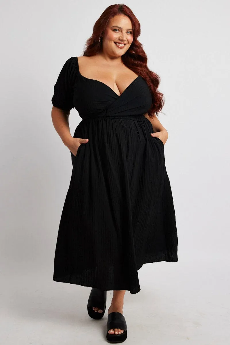 Office Layer Flowing Design Black Midi Dress Textured Wrapover Elastic Waist Detail