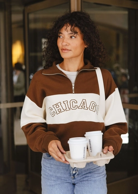 Classic Winter Chicago Color Blocked Quarter Zip Sweatshirt - Chocolate