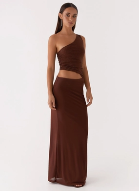 flowy style Seranella Sequin One Shoulder Maxi Dress - Chocolate